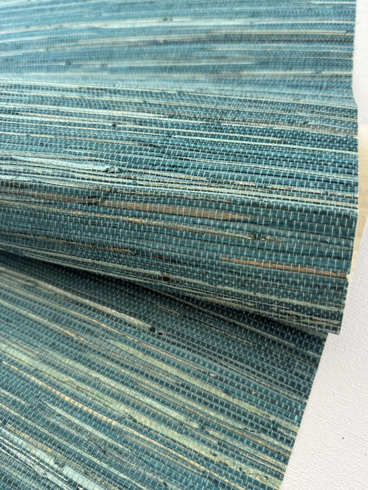 Natural Grasscloth Hemp Wallpaper painted in matte blue-green color 41033