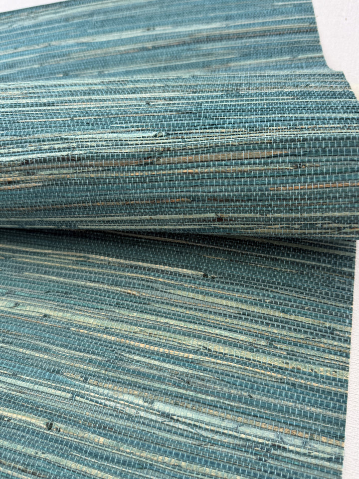 Natural Grasscloth Hemp Wallpaper painted in matte blue-green color 41033