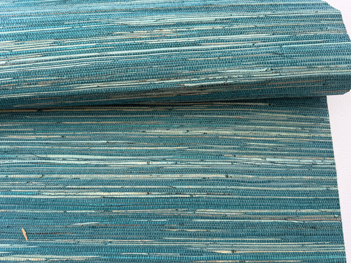 Natural Grasscloth Hemp Wallpaper painted in matte blue-green color 41033