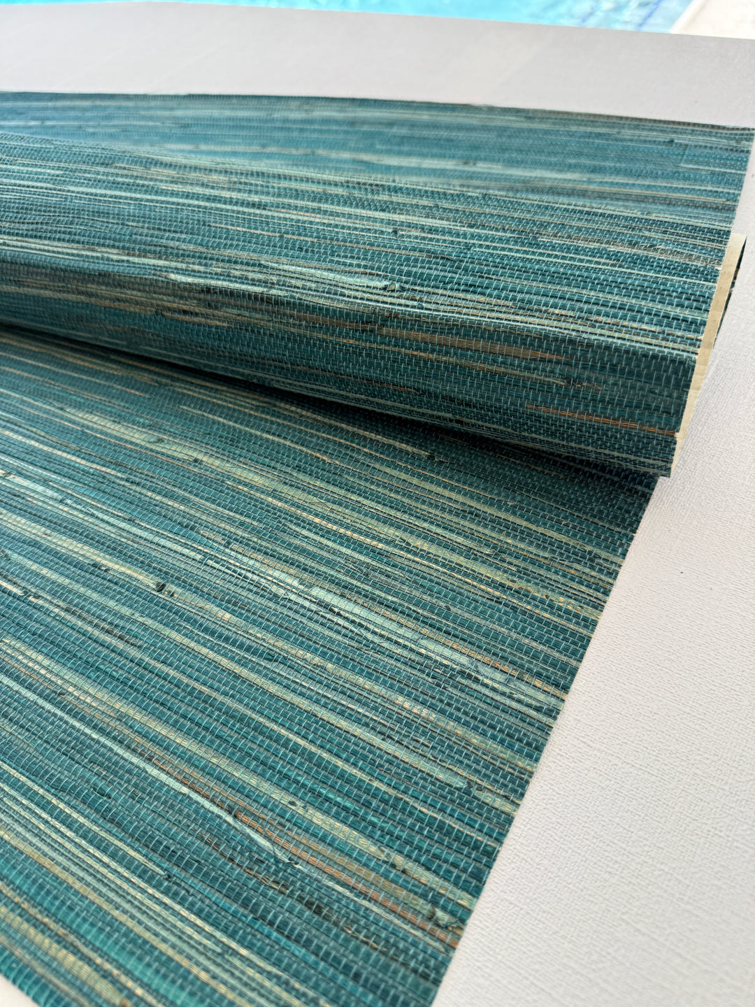 Natural Grasscloth Hemp Wallpaper painted in matte blue-green color 41033