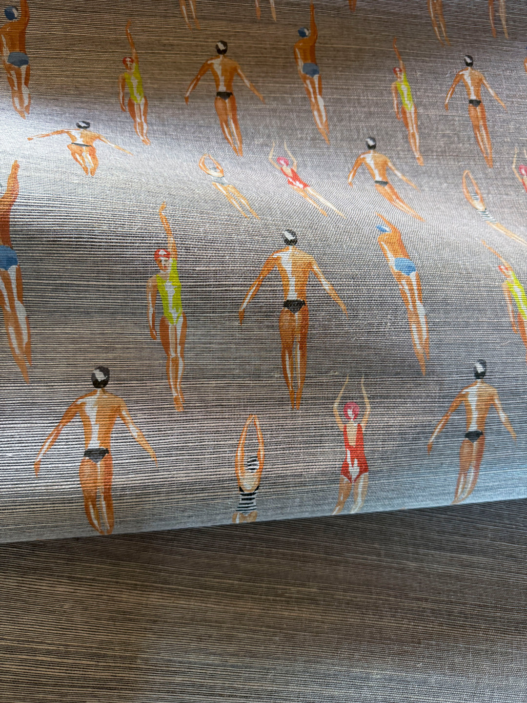 Vintage Swimmers Wallpaper Printed on Gray Sisal Luxury Wallcovering 93402