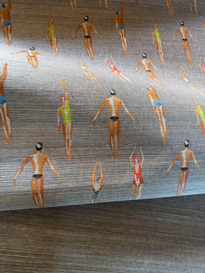 Vintage Swimmers Wallpaper Printed on Gray Sisal Luxury Wallcovering 93402