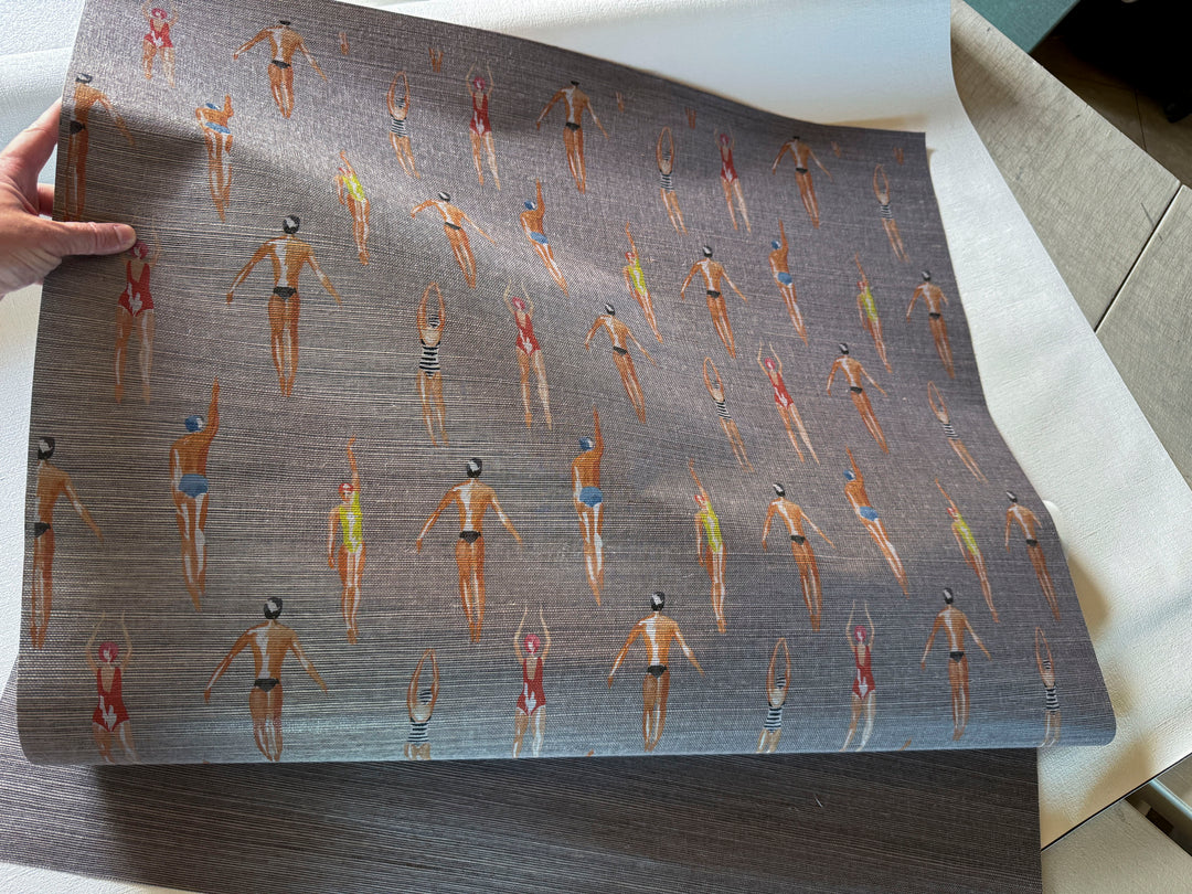 Vintage Swimmers Wallpaper Printed on Gray Sisal Luxury Wallcovering 93402