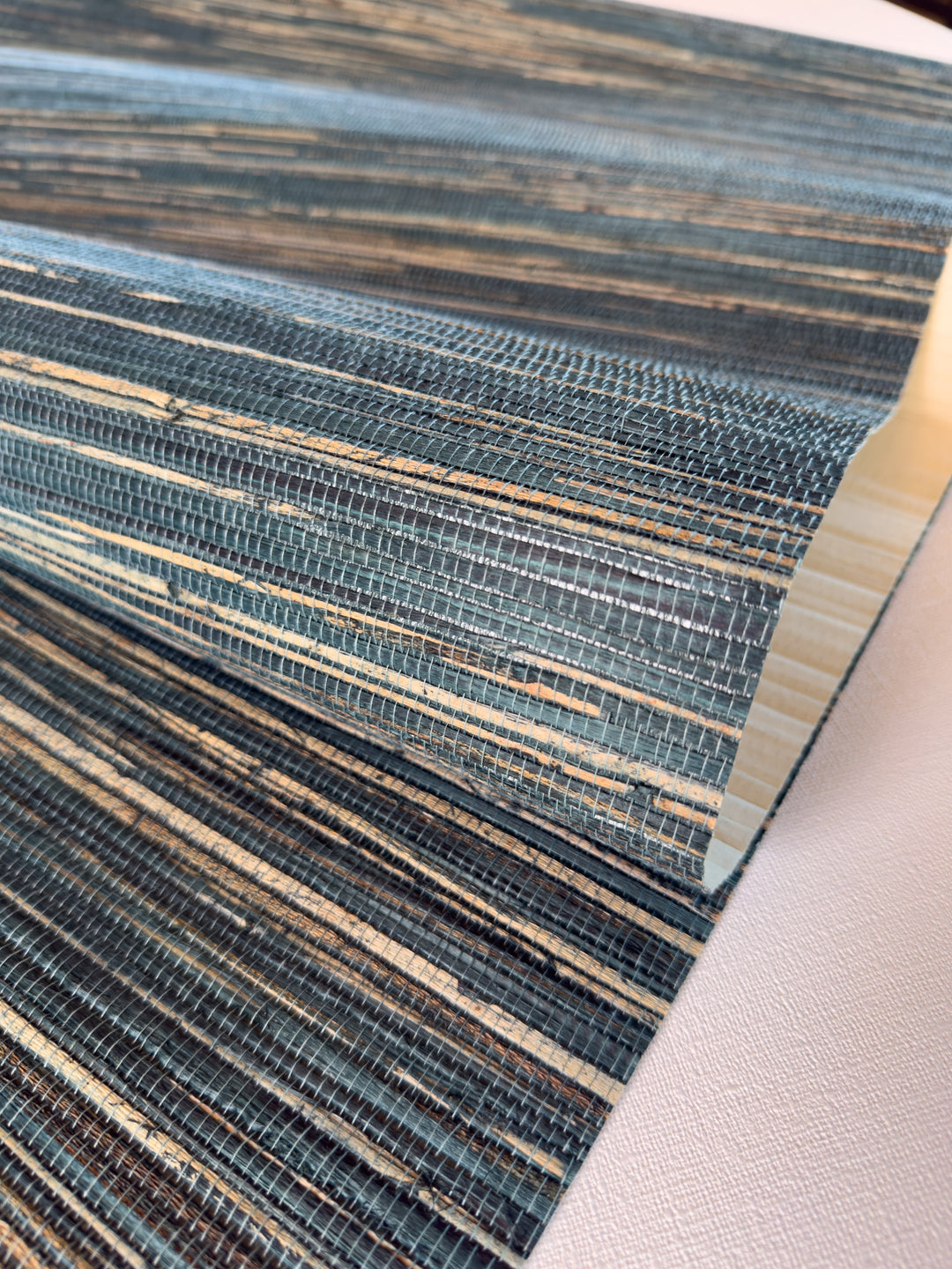 Natural Grasscloth Hemp Wallpaper painted in matte blue color 41034