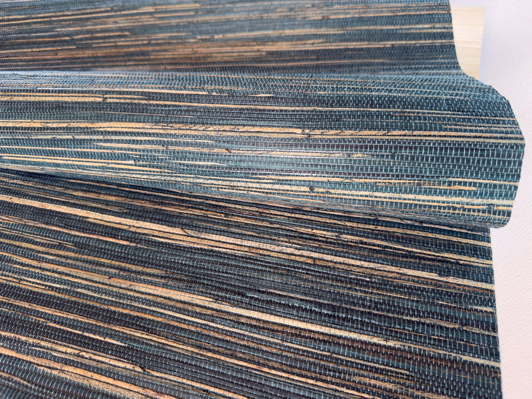 Natural Grasscloth Hemp Wallpaper painted in matte blue color 41034