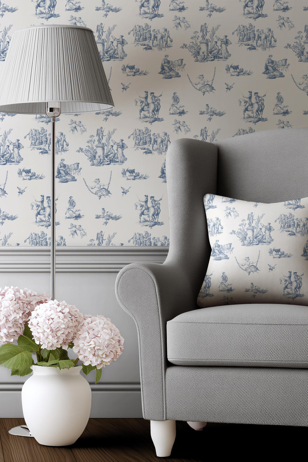 Vintage French Toile Wallpaper 3760 – Blue Pastoral Toile de Jouy