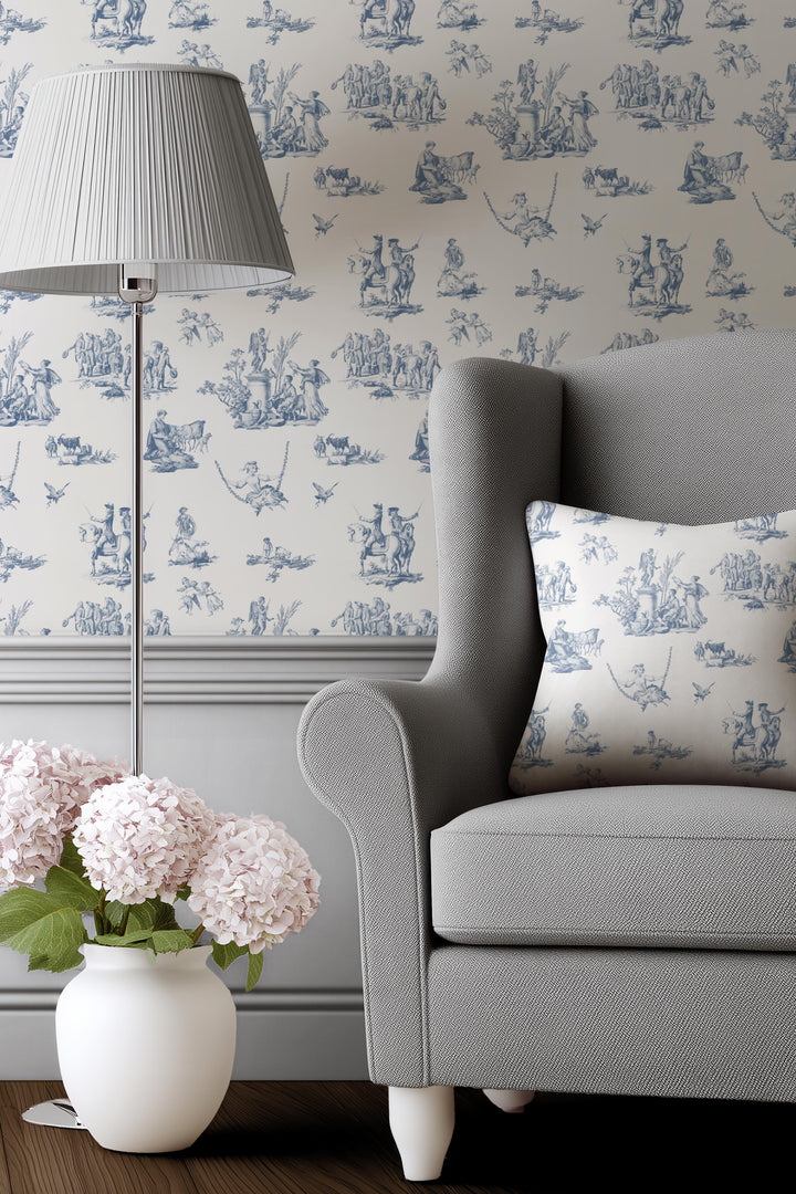 Vintage French Toile Wallpaper 3760 – Blue Pastoral Toile de Jouy