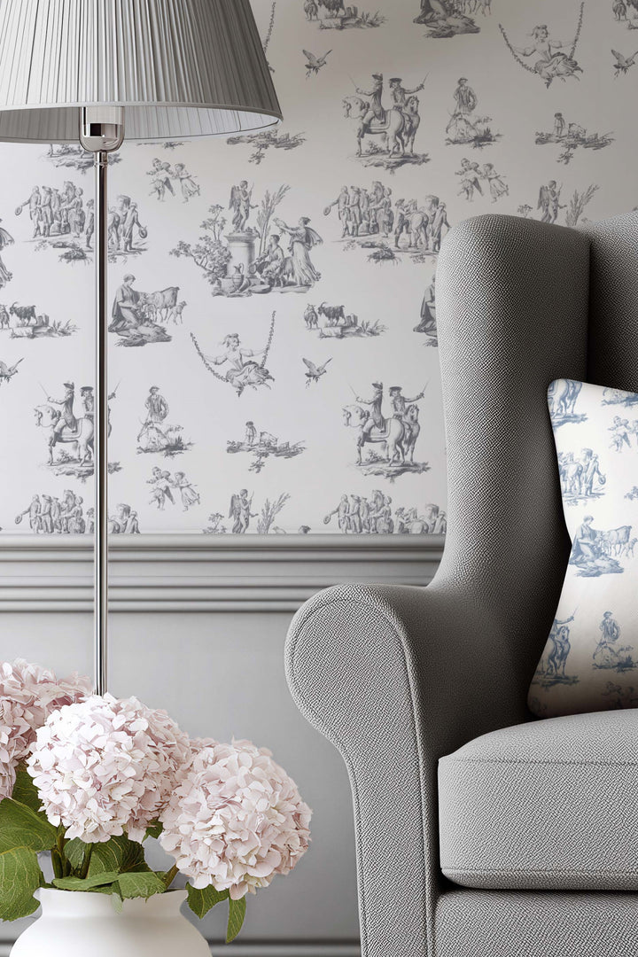 Classic Toile Scene Wallpaper  Vintage Pastoral Illustration 3761