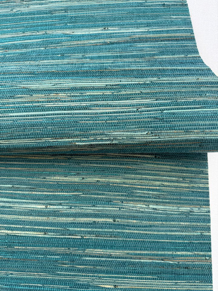 Natural Grasscloth Hemp Wallpaper painted in matte blue-green color 41033