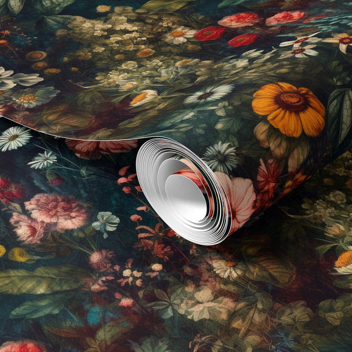 Dahlia Wallpaper Dark Teal Vintage Wildflower Floral Pattern shown as a wallpaper roll sample.