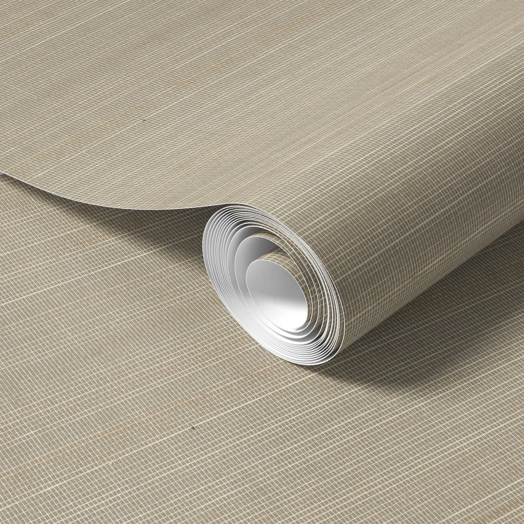 Roll of soft beige faux abaca grasscloth wallpaper with subtle grid texture