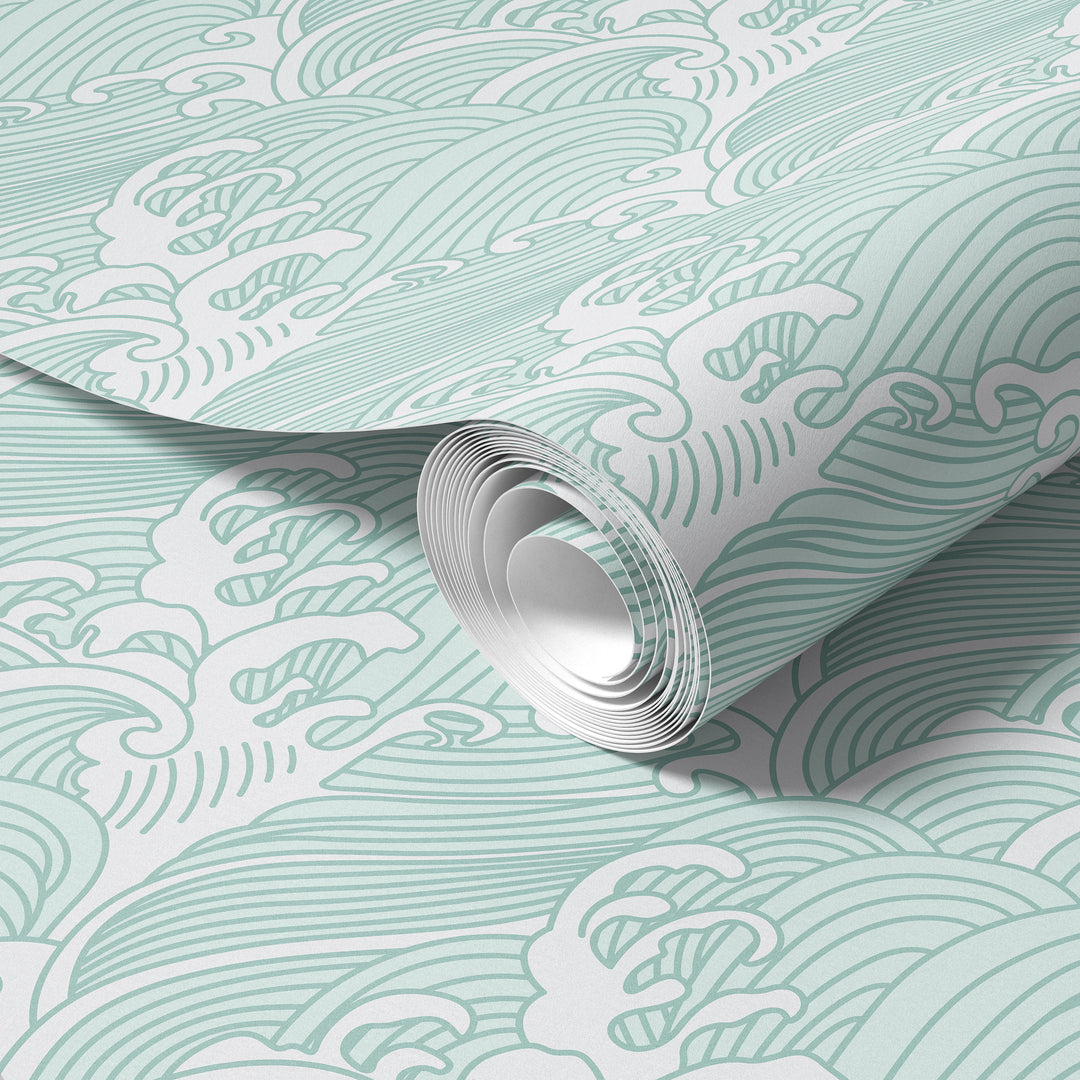 Roll of light aqua Japanese wave wallpaper featuring a traditional ocean pattern