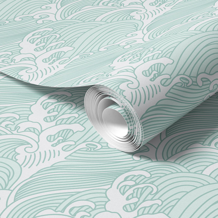 Roll of light aqua Japanese wave wallpaper featuring a traditional ocean pattern