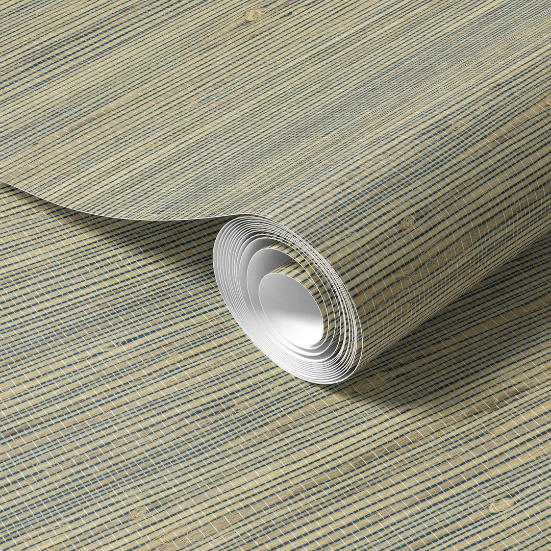 Roll of Warm Beige Faux Hemp wallpaper with natural woven texture and subtle linear pattern.