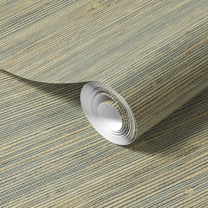 Roll of Warm Beige Faux Hemp wallpaper with natural woven texture and subtle linear pattern.