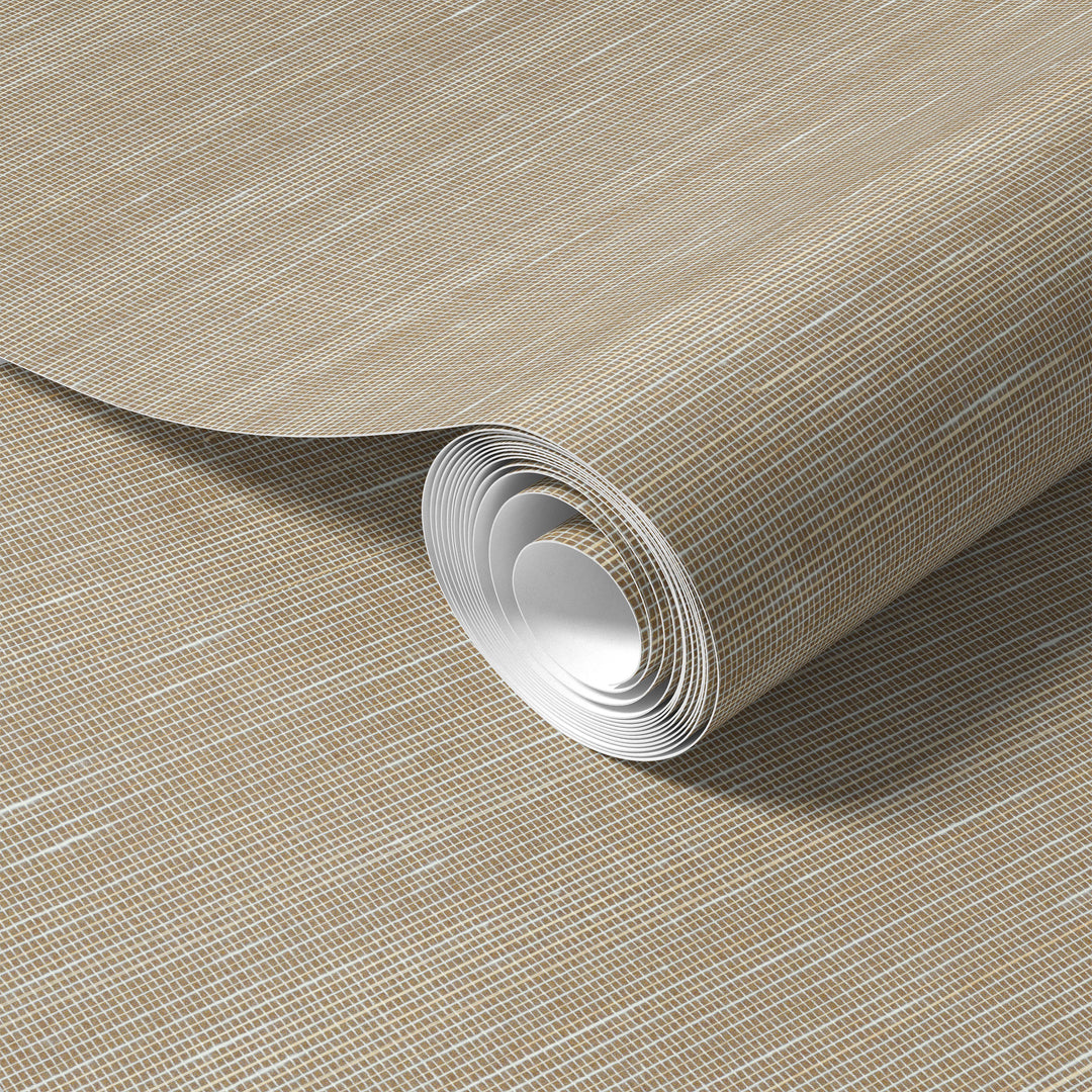 Roll of soft beige faux abaca grasscloth wallpaper with subtle grid texture.