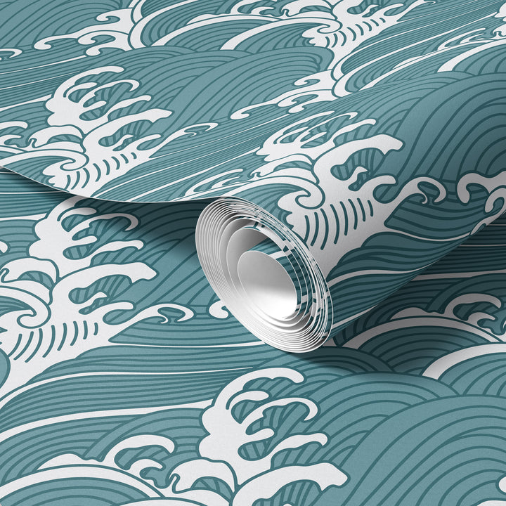 Roll of teal blue Japanese wave wallpaper featuring a bold traditional ocean pattern