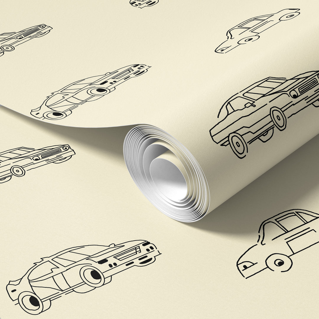 Roll of beige vintage car wallpaper with black line art classic vehicle illustrations and retro automotive pattern