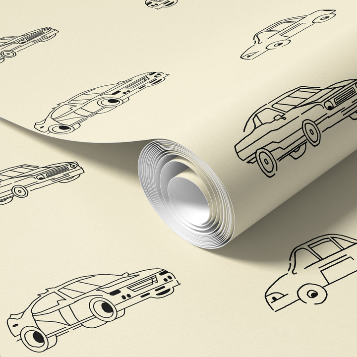 Roll of beige vintage car wallpaper with black line art classic vehicle illustrations and retro automotive pattern