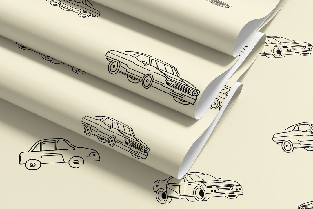Layered rolls of beige vintage car wallpaper with black line art classic vehicle illustrations and retro automotive pattern
