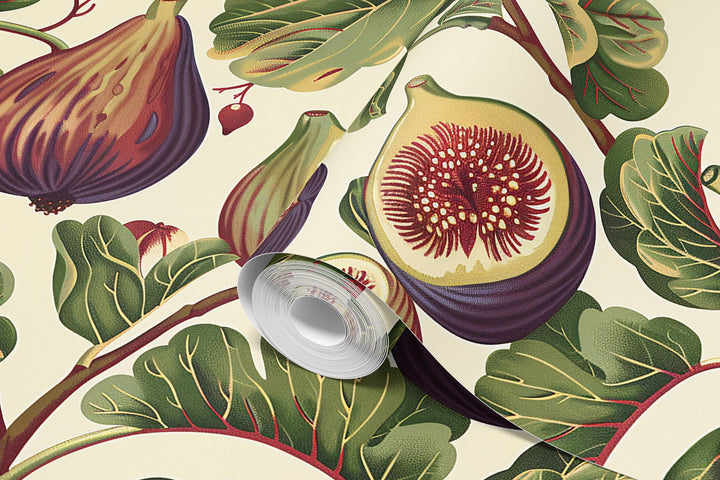 Cream fig wallpaper with a crimson-veined foliage pattern shown in a close-up wallpaper roll.