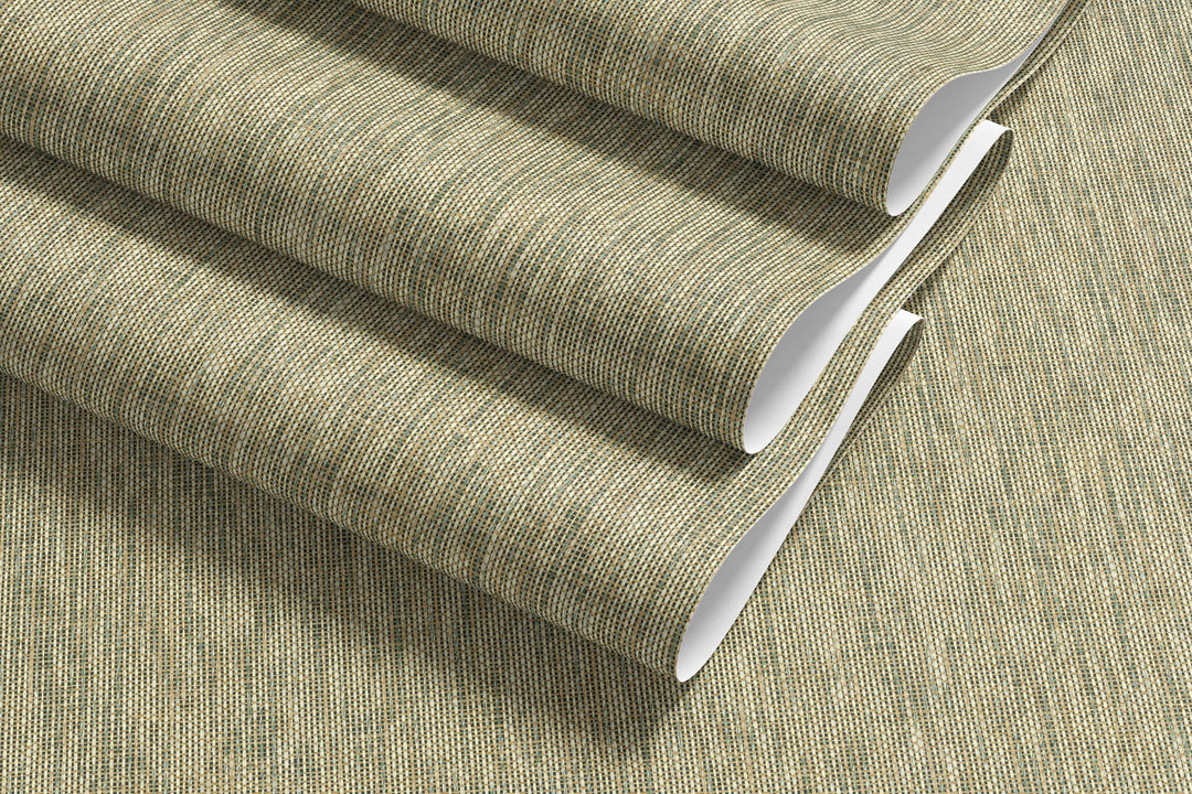 Layered rolls of faux paper weave wallpaper in natural beige and muted olive green woven texture