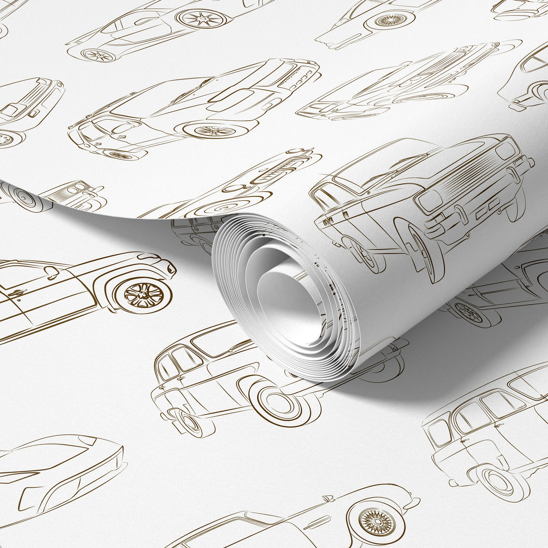 Roll of white vintage car wallpaper with brown line art classic vehicle illustrations and retro automotive sketch pattern