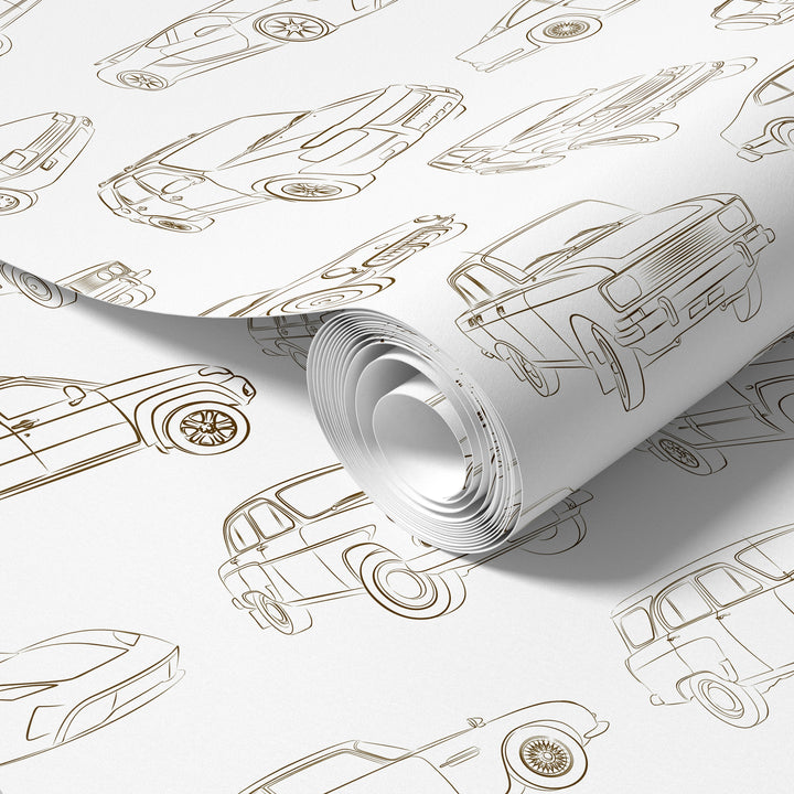 Roll of white vintage car wallpaper with brown line art classic vehicle illustrations and retro automotive sketch pattern