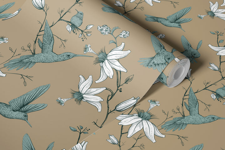 Roll of warm beige hummingbird wallpaper featuring a vintage botanical floral bird pattern.