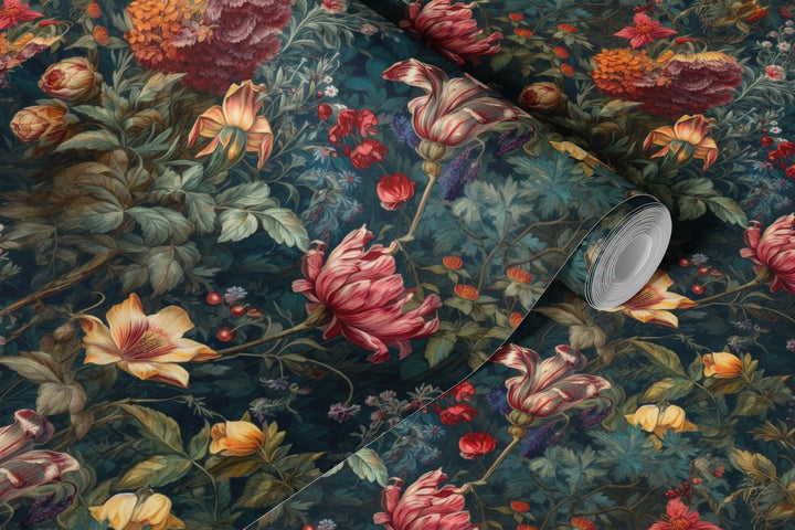 Dahlia Wallpaper Teal & Pink Vintage Floral Garden Pattern shown as a rolled wallpaper sample.