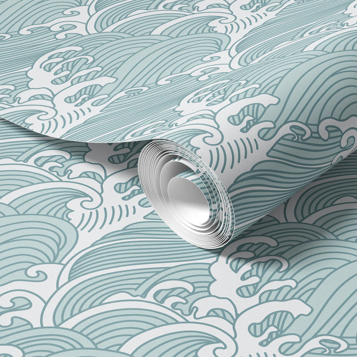 Roll of aqua blue Japanese wave wallpaper featuring a traditional ocean pattern