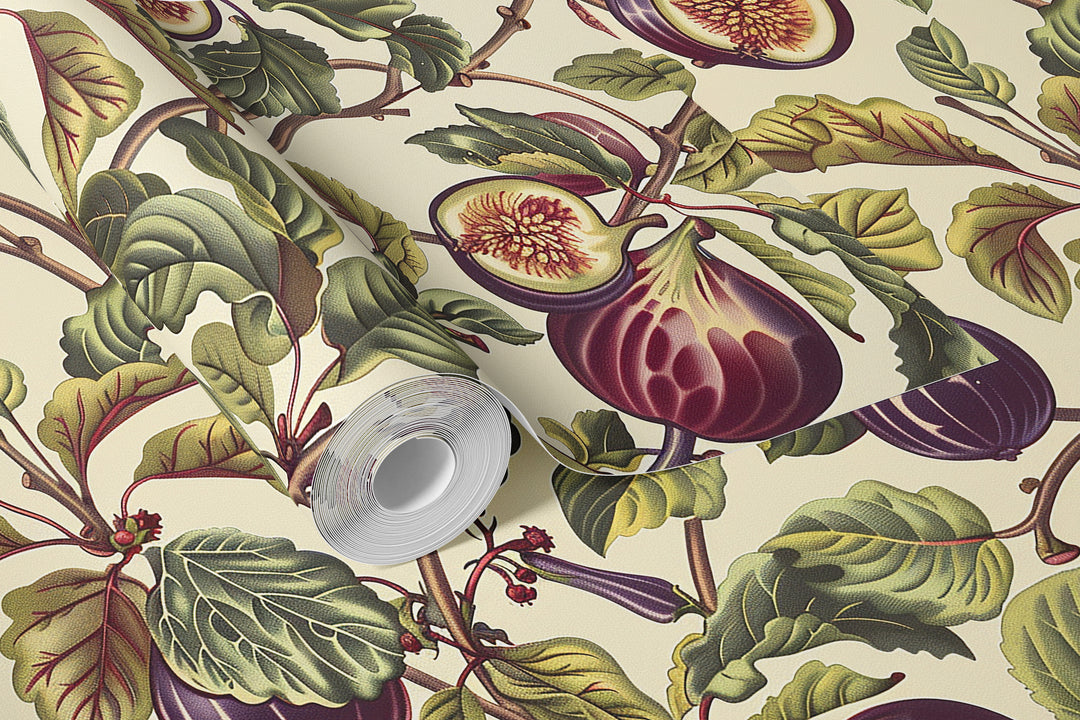Cream plum fig wallpaper with a garden foliage pattern shown in a rolled wallpaper design.