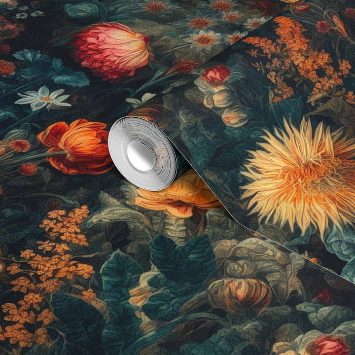 Dahlia Wallpaper Dark Teal & Golden Orange Vintage Botanical Floral Pattern roll wallpaper sample.