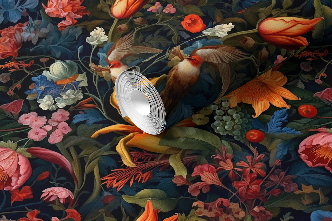 Dahlia Wallpaper Colorful Botanical Garden with Birds Pattern shown in a rolled wallpaper sample.