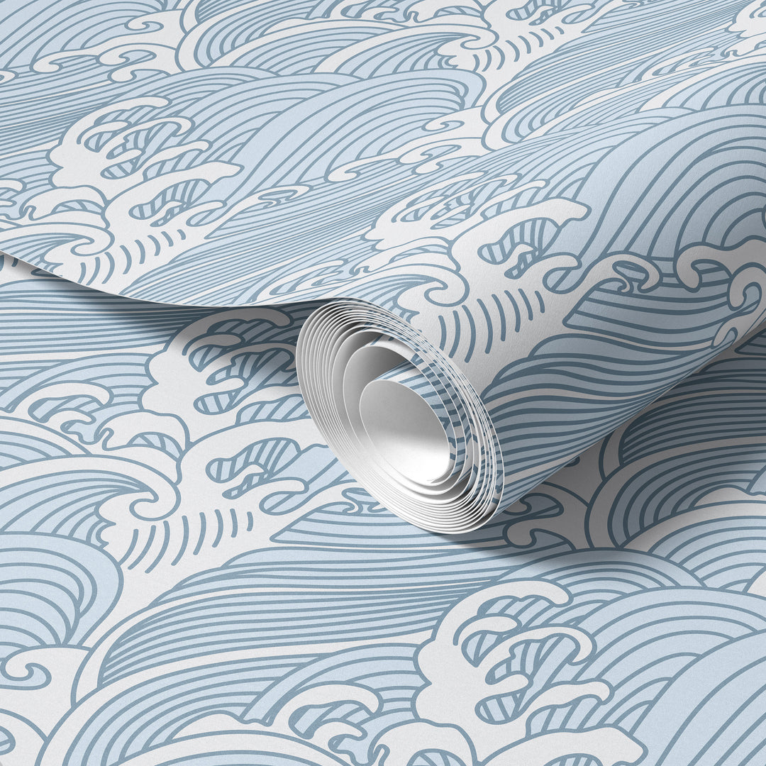 Roll of cool blue Japanese wave wallpaper featuring a calm ocean pattern
