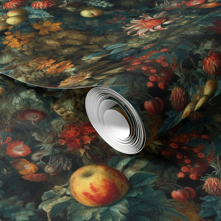 Dark teal botanical wallpaper with vintage flowers, fruits, berries, and foliage shown on a rolled wallpaper sample.