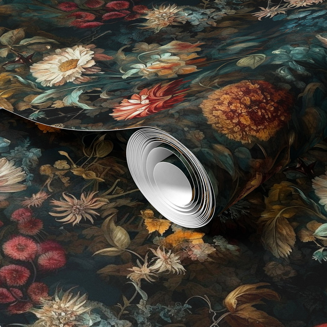 Dahlia Wallpaper Rust & Teal Vintage Floral Garden Pattern shown in a rolled wallpaper sample.