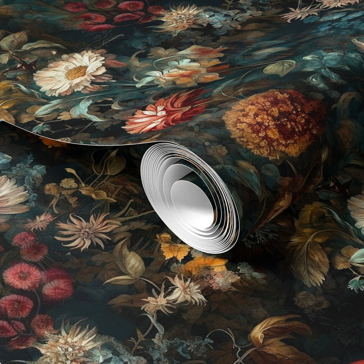Dahlia Wallpaper Rust & Teal Vintage Floral Garden Pattern shown in a rolled wallpaper sample.
