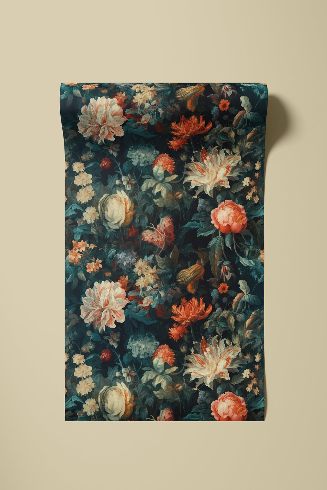 Cream and orange floral wallpaper on a dark teal background shown on a rolled wallpaper sample against a neutral background.