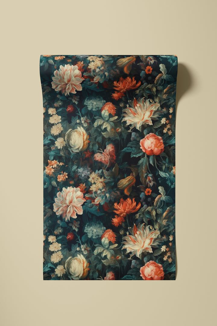 Cream and orange floral wallpaper on a dark teal background shown on a rolled wallpaper sample against a neutral background.