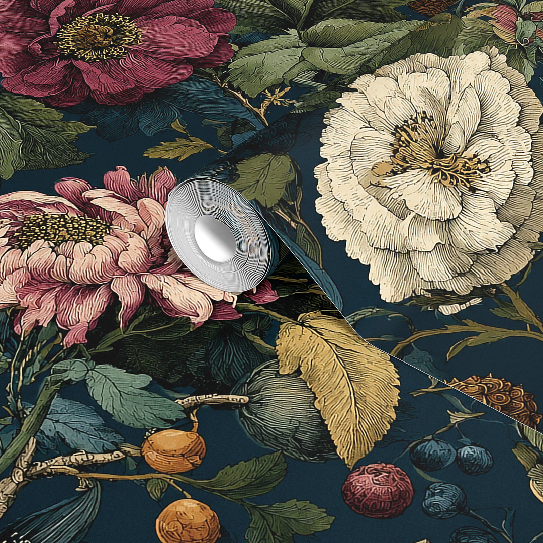 Dark teal vintage floral wallpaper with pink, cream, and yellow flowers, green leaves, and botanical foliage shown on a wallpaper roll sample.