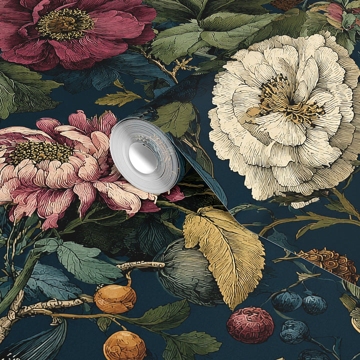 Dark teal vintage floral wallpaper with pink, cream, and yellow flowers, green leaves, and botanical foliage shown on a wallpaper roll sample.