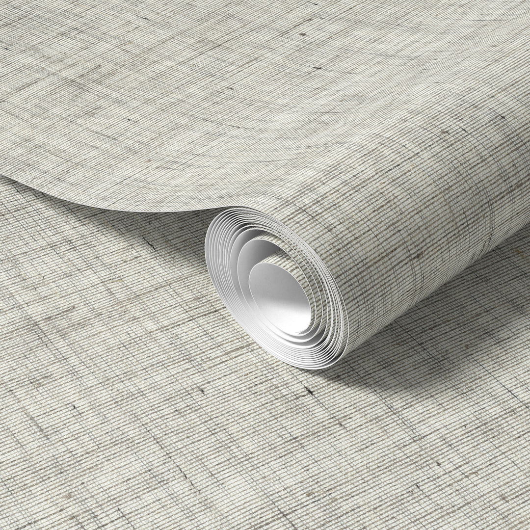 Ivory faux linen wallpaper sample roll showcasing an open woven texture with a crosshatch pattern, subtle natural-looking fibers, and delicate beige and gray variations.