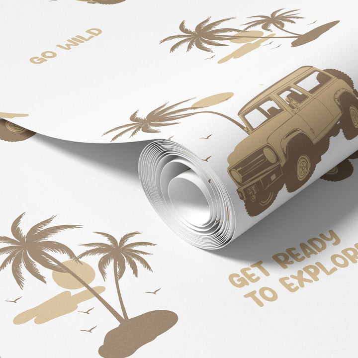 Roll of white safari jeep wallpaper with brown adventure illustrations, palm trees, and explorer pattern
