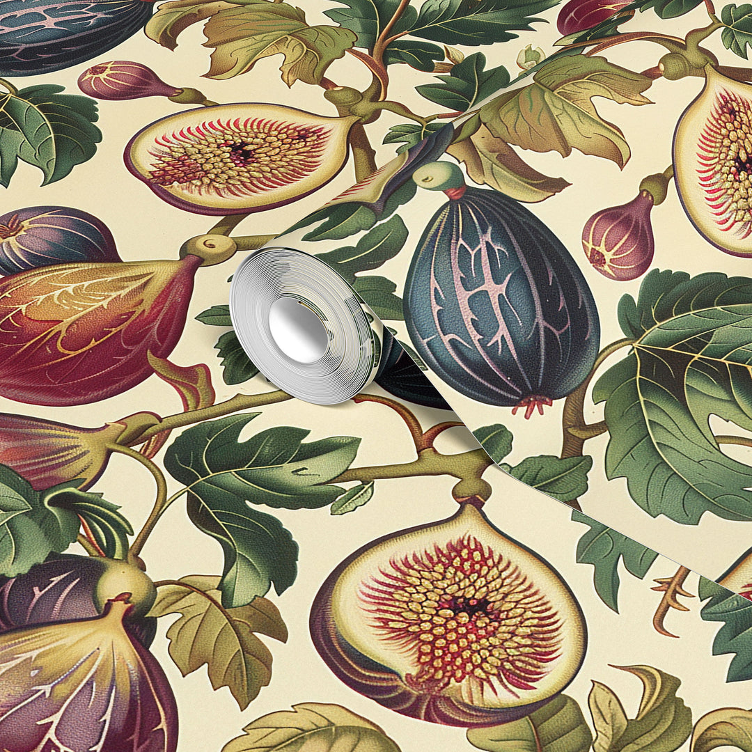 Cream fig and leaf wallpaper with vintage plum botanical pattern shown in a rolled sample.