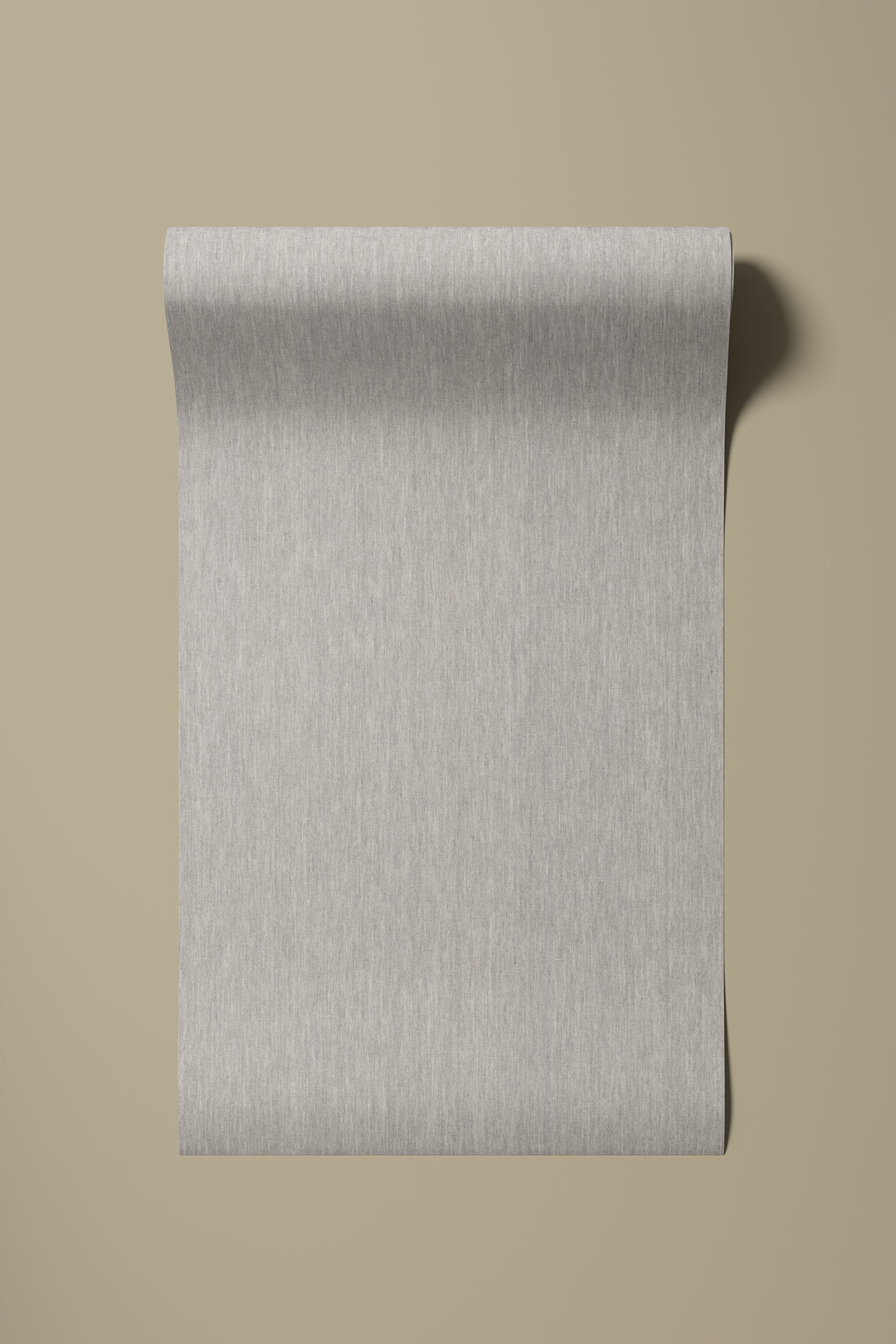 Light greige faux linen wallpaper sample roll featuring a subtle woven texture with fine, natural-looking fibers against a warm beige background.