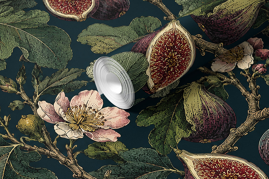 Fig leaf wallpaper 3840 with purple figs, green foliage and floral branches on dark teal