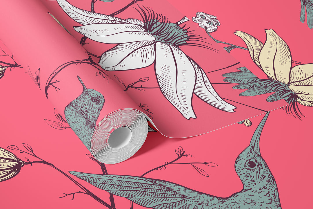 Coral Pink Hummingbird Wallpaper Roll with Vintage Botanical Floral Bird Pattern