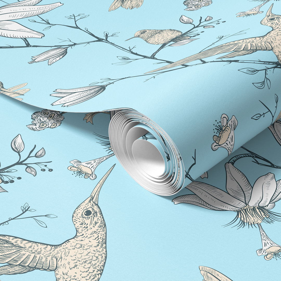 Roll of light blue hummingbird wallpaper featuring a botanical floral bird pattern