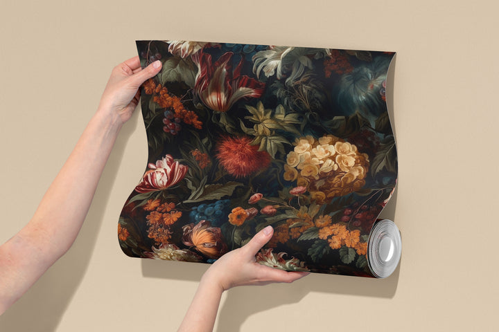 Dahlia Wallpaper Rust & Cream Vintage Floral Garden Pattern in a wallpaper roll sample.